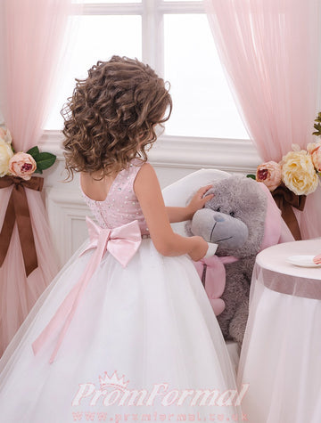 Pink Tulle Toddler Beading A-line Floor-length Kids Prom Dress(FGD346)