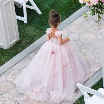 Pearl Pink Tulle Ball Gown Short Sleeve Flower Girl Dress(FGD348)