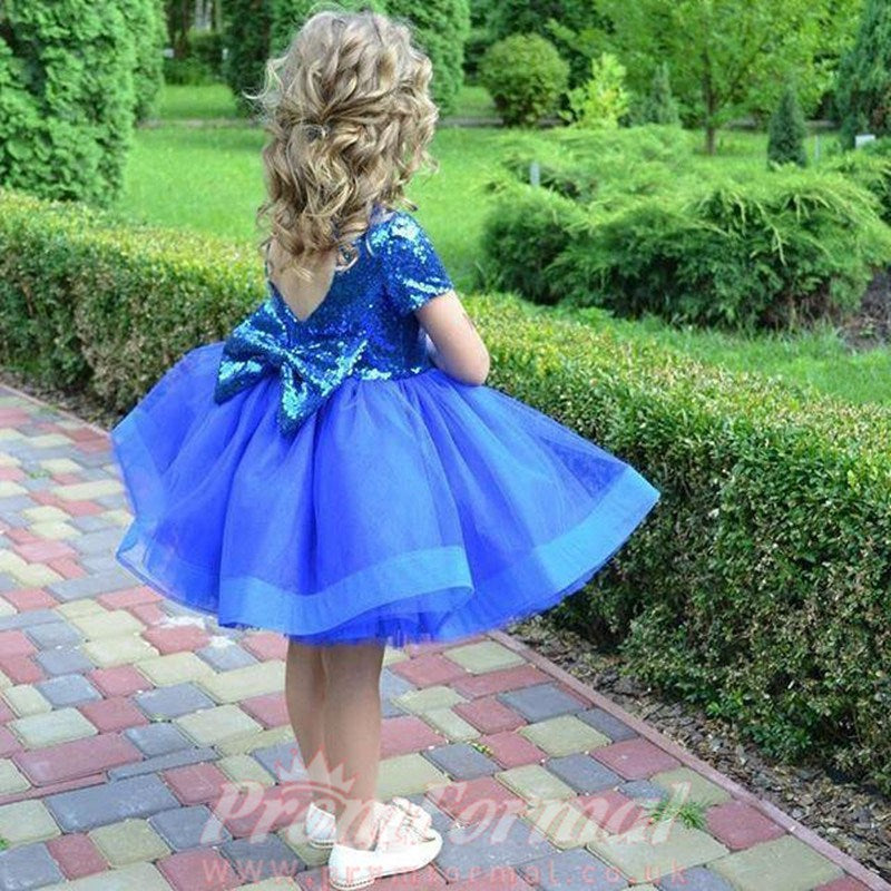 Royal Blue Sequins Short Sleeves Toddler Christmas With Bow Birthday P