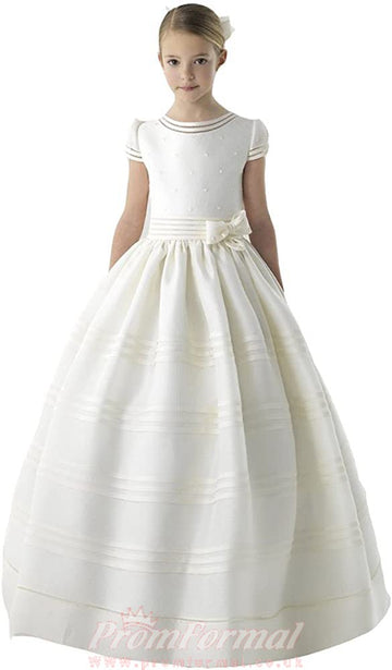 First Communion Dress For Girls Short Sleeve Belt With Bows FGD497