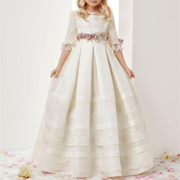 Half Sleeve Ivory White First Communion Lace Ruffles Girls Pageant Dress FGD500