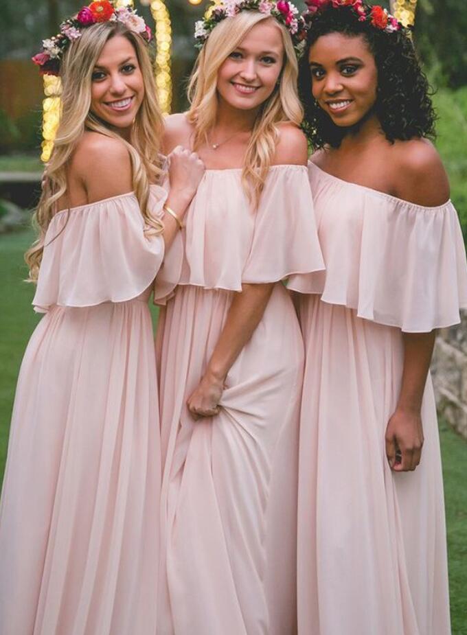 GBD006 A Line Pink Chiffon Off The Shoulder Layers Bridesmaid Dress