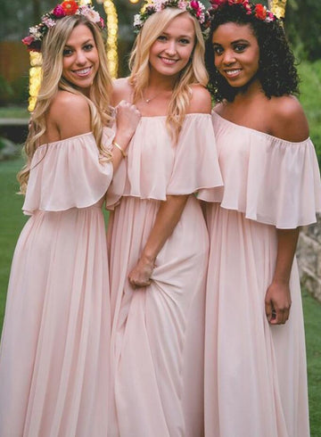GBD006 A Line Pink Chiffon Off The Shoulder Layers Bridesmaid Dress