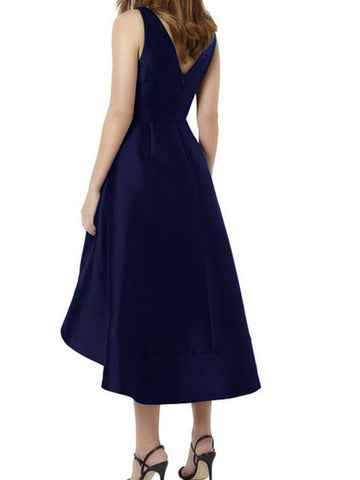 GBD018 Navy Blue A Line Satin V neck Tea Length With Pocket Bridesmaid Dress
