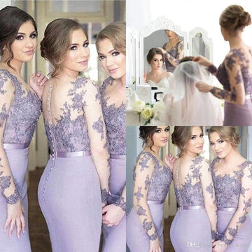 GBD021 Mermaid Purple Long Sleeve Floor Length Lace Bridesmaid Dress