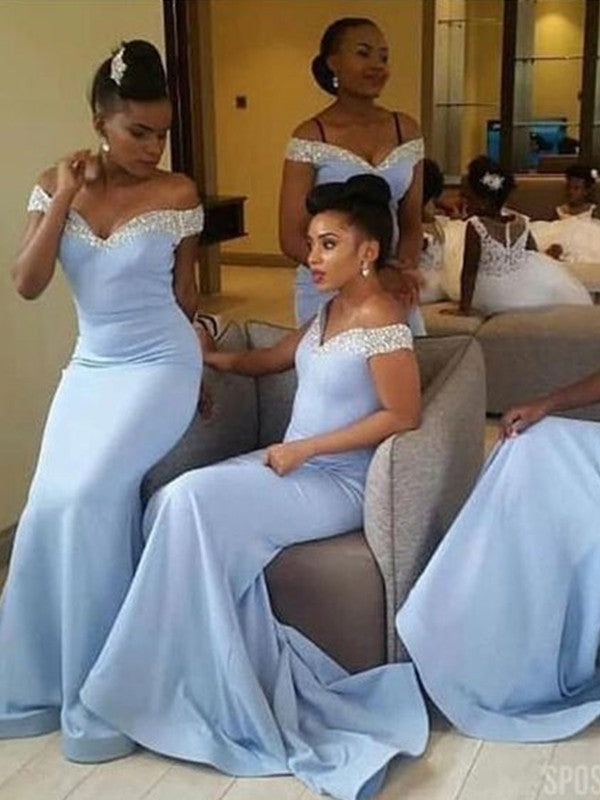 GBD023 Sky Blue Satin Off The Shoulder Beading Bridesmaid Dress