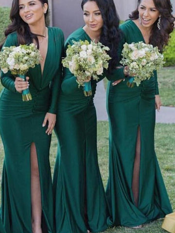 GBD153 Dark Green Sheath Column Satin V neck Long Sleeve Bridesmaid Dress