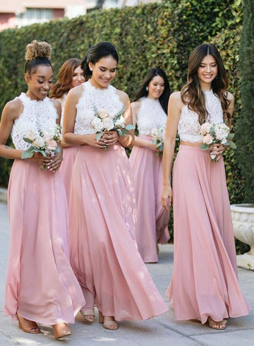 GBD157 Pink Two Piece Halter Lace Chiffon Bridesmaid Dress