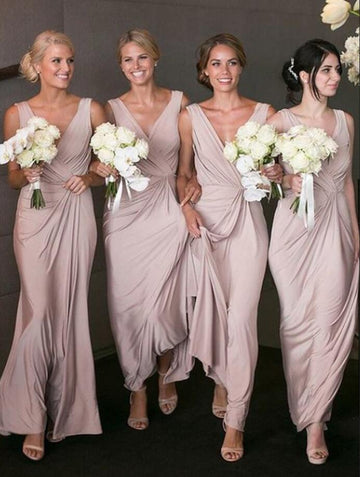 GBD161 A Line Nude Pink V neck Bridesmaid Dress