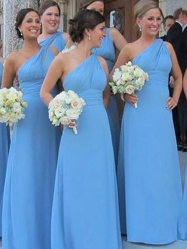 GBD163 Sheath Blue One Shoulder Chiffon Floor Length Bridesmaid Dress