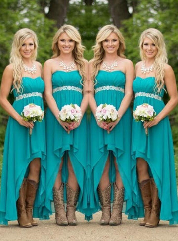 GBD171 A Line Ink Blue Sweetheart High Low Beading Bridesmaid Dress with Boots
