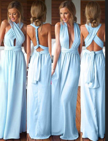 GBD186 Sky Blue Halter Chiffon Bridesmaid Dress