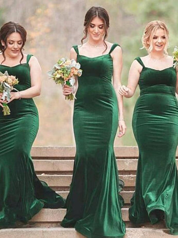 GBD198 Dark Green Mermaid Velvet Straps Bridesmaid Dress