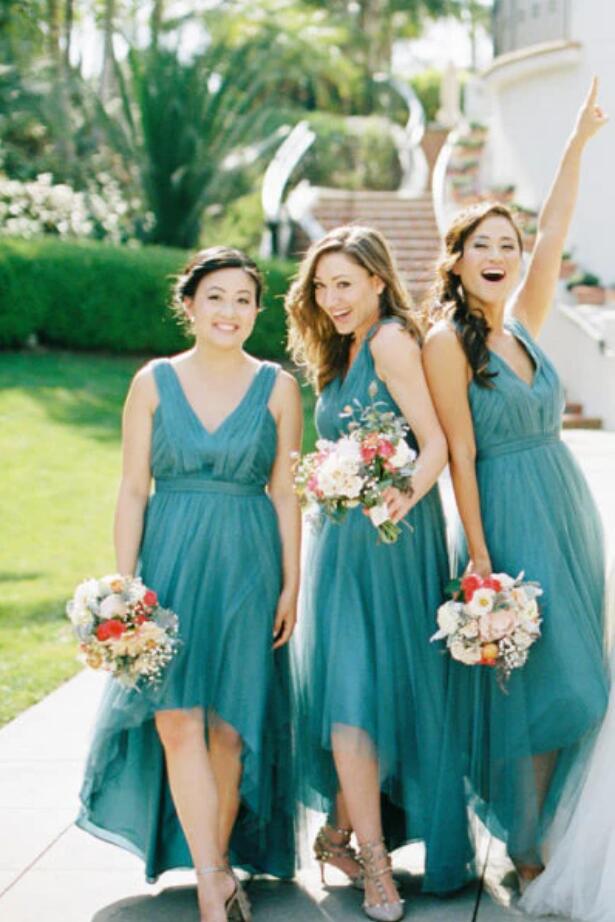 Teal high store low bridesmaid dresses