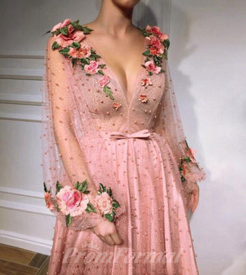 Long Sleeves V Neck 3D Flowers Pink Formal Dress JTA0081