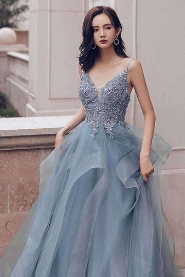 Dusty Blue Lace V Neck Long Ruffles Prom Dress JTA0161