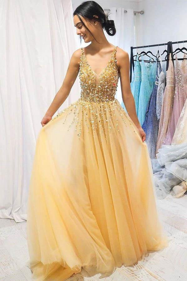 A Line V neck Yellow Sparkly Prom Dress JTA0261