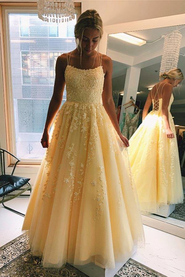 Yellow Lace and Jersey Thigh-high Slit Long Prom Dress - Lunss