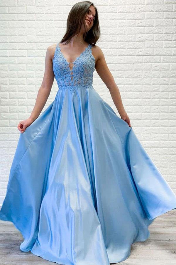 A Line V neck Lace Blue Long Prom Dress JTA0661