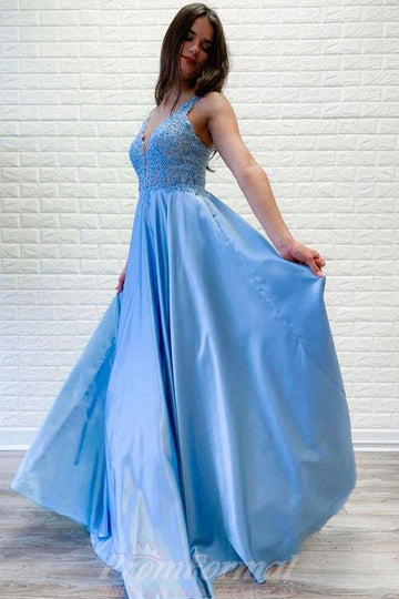 A Line V neck Lace Blue Long Prom Dress JTA0661