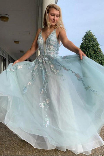 A Line Spaghetti Straps Light Blue Prom Dress With Beading Appliques JTA0761