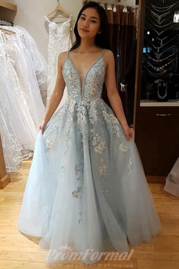 A Line Spaghetti Straps Light Blue Prom Dress With Beading Appliques JTA0761