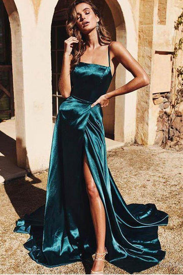 Ink Blue A Line Spaghetti Straps Long Prom Dress JTA0801