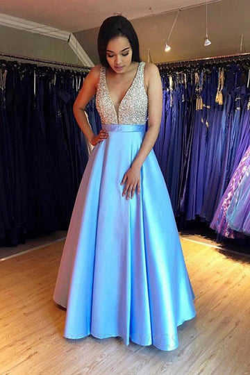 V Neck Blue Prom Dress with Beading JTA0811