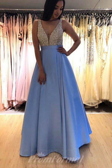 V Neck Blue Prom Dress with Beading JTA0811