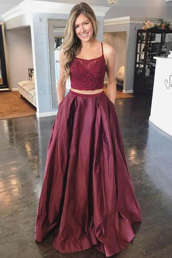 Two Piece A Line Burgundy Satin Spaghetti Straps Prom Dress JTA1091