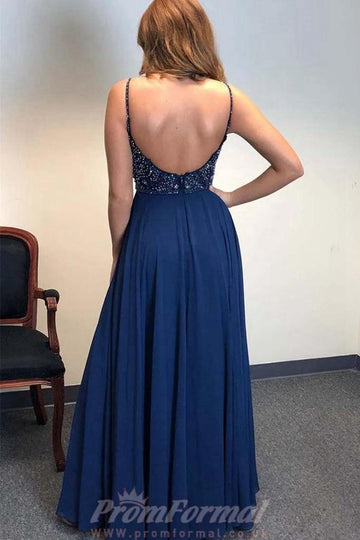 Sexy Split A Line Spaghetti Straps Dark Navy Long Prom Dress JTA1221