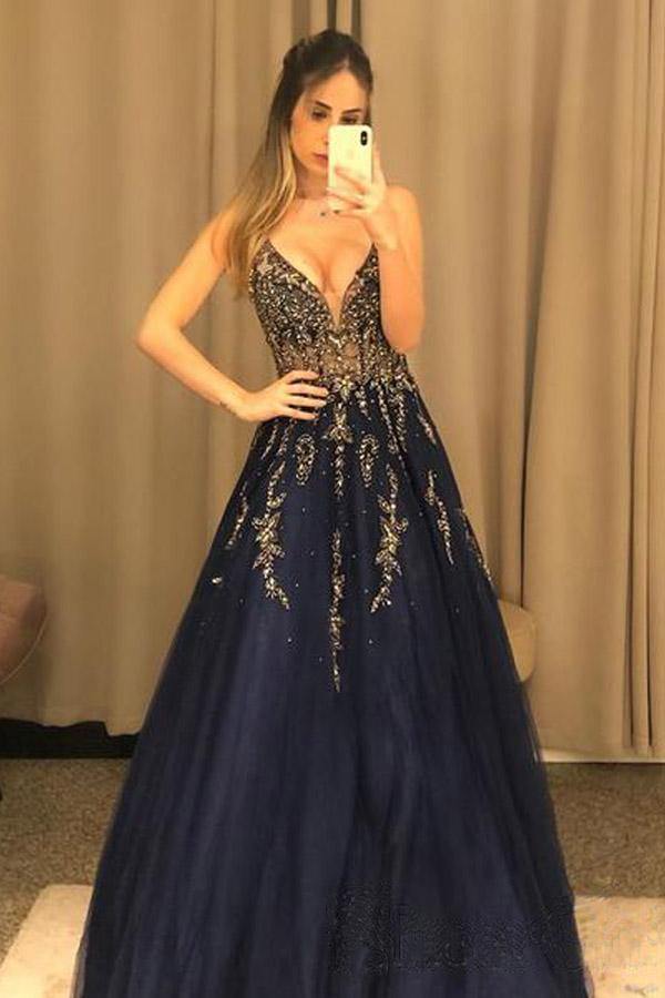 Navy gold hot sale prom dress