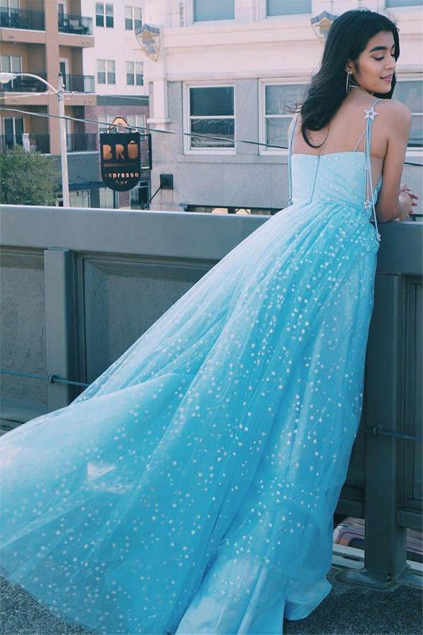 A Line Straps Light Blue Long Prom Dress with Stars JTA1291