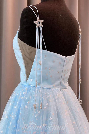 A Line Straps Light Blue Long Prom Dress with Stars JTA1291