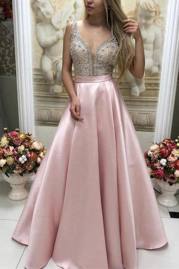 A Line Satin Pink Beaded Long Prom Dress  JTA1301