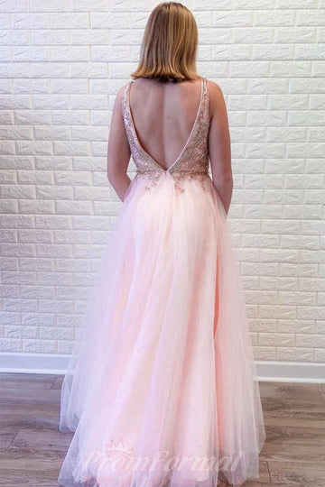 A Line Pink Tulle V Neck Beading Crystal Prom Dress JTA1511