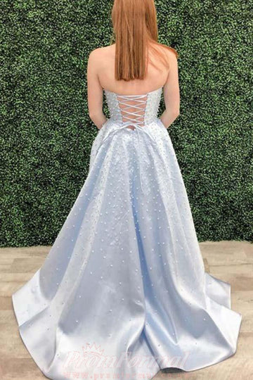 A Line Light Sky Blue Prom Dress With Pearls JTA1571