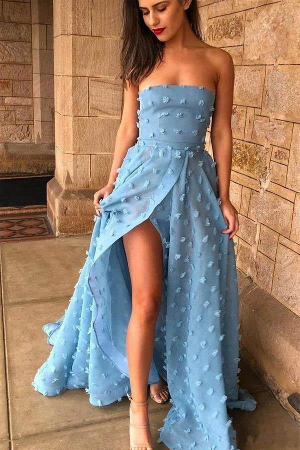 A Line Strapless Sky Blue Lace High Split Prom Dress JTA1641