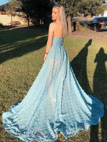 A Line Strapless Sky Blue Lace High Split Prom Dress JTA1641