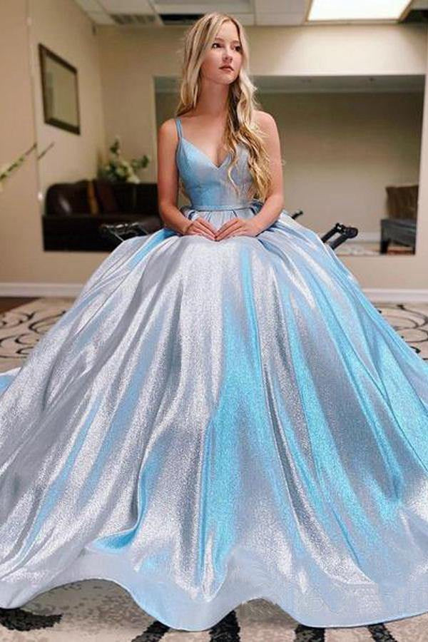 Sky Blue Princess Sparkly V Neck Prom Dress JTA1841