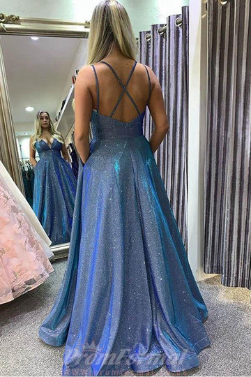 A Line Spaghetti Straps Blue Long Prom Dress JTA1871