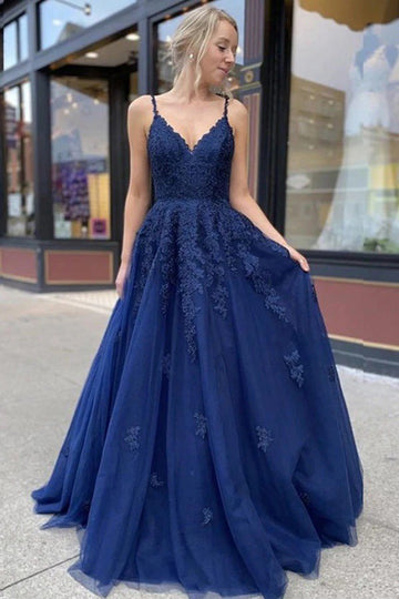 V Neck Lace Appliques Dark Blue Straps Prom Dress JTA2051