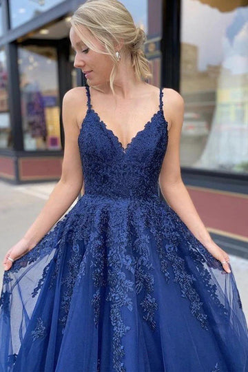 V Neck Lace Appliques Dark Blue Straps Prom Dress JTA2051