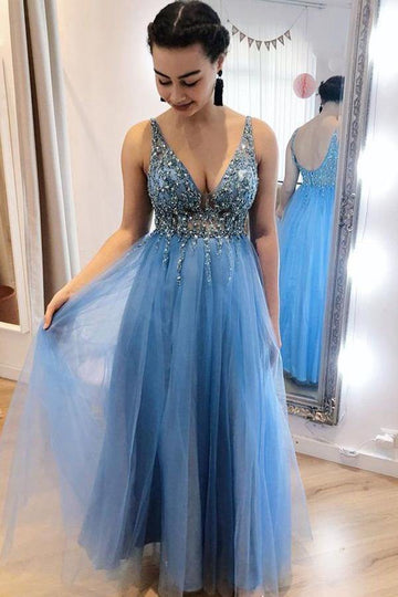 Light Blue Lace Applique Wedding Dresses With Slit Plunging V-Neck Bri –  vigocouture