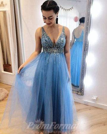 V Neck Appliques A Line Blue Tulle Prom Dress JTA2141