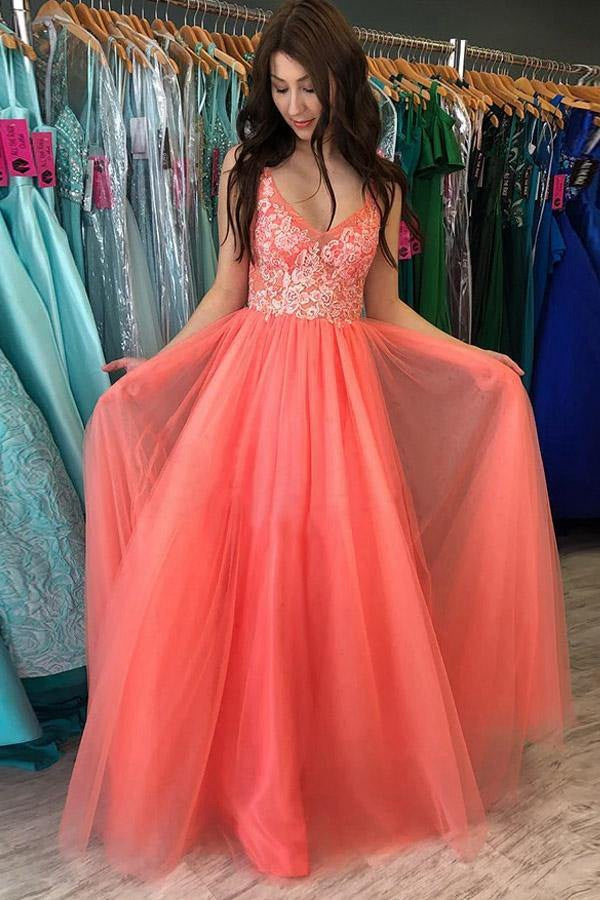 A Line V neck Watermelon Lace Prom Dress JTA2161