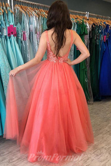 A Line V neck Watermelon Lace Prom Dress JTA2161