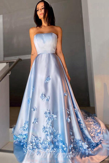 A Line Satin 3D Flower Light Blue Prom Dress JTA2321