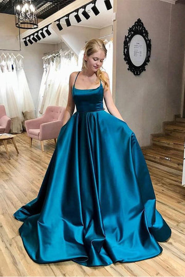 Straps Princess Ink Blue Satin Prom Dress JTA2401