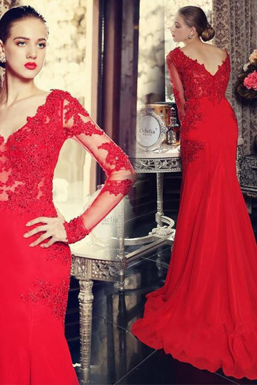 Mermaid Long Sleeve Sweep Train Red Evening Dress JTA3331